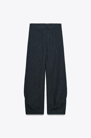 リネンストライプバルーンパンツ ZW COLLECTIONマリンブルーZaraのリネンストライプバルーンパンツ ZW COLLECTION - マリンブルー 