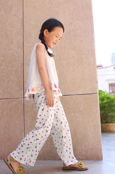 Zara 花卉紋理寬管長褲 - 裸色