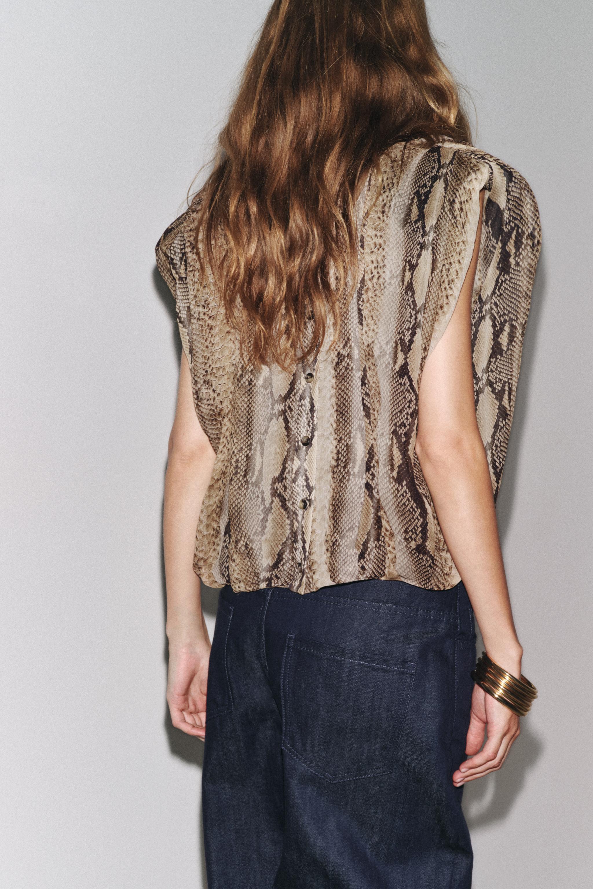 ANIMAL PRINT SHOULDER PAD BLOUSE ZW COLLECTION - Khaki