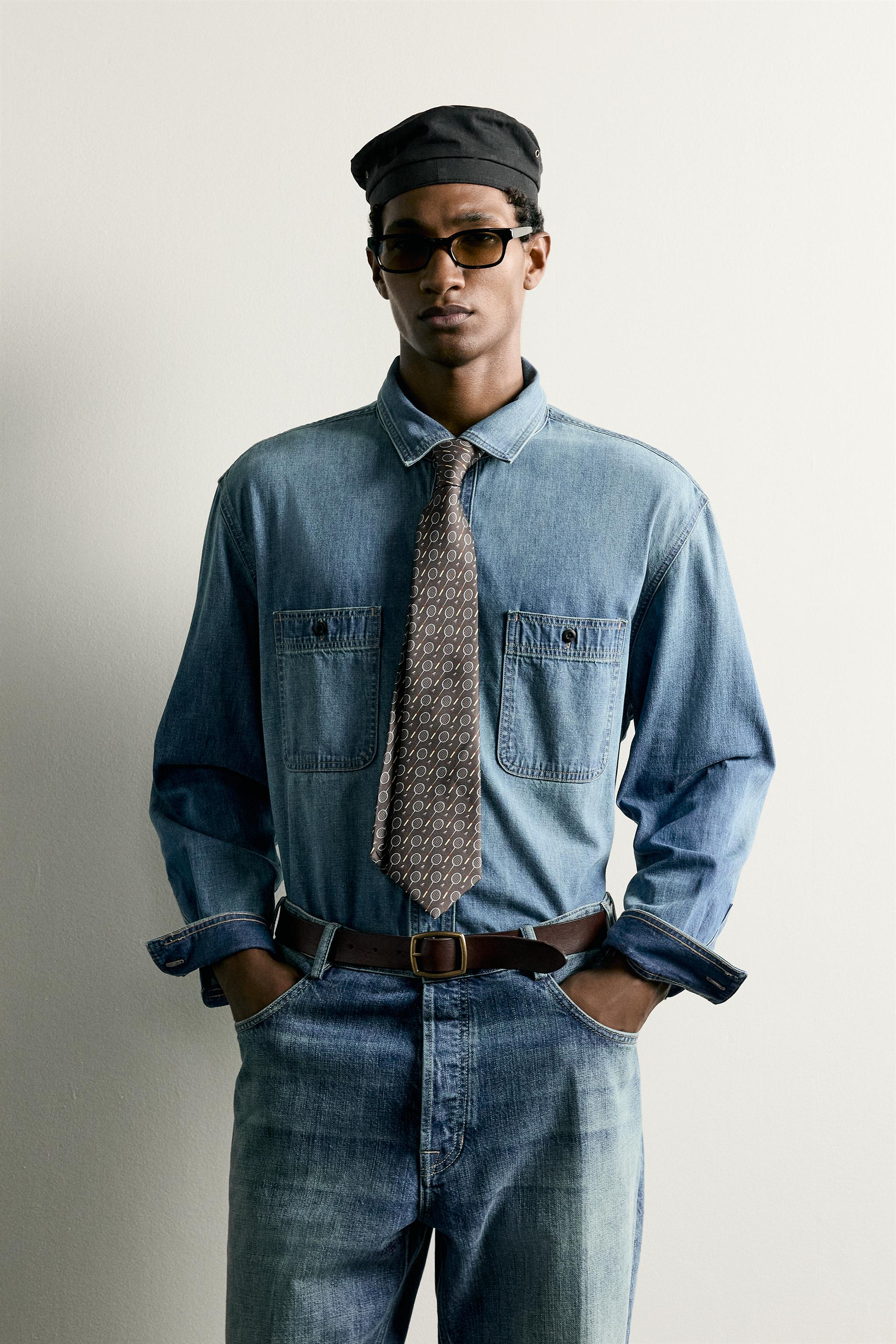 WASHED LIGHTWEIGHT DENIM SHIRT — Mid-blue (alternate view)