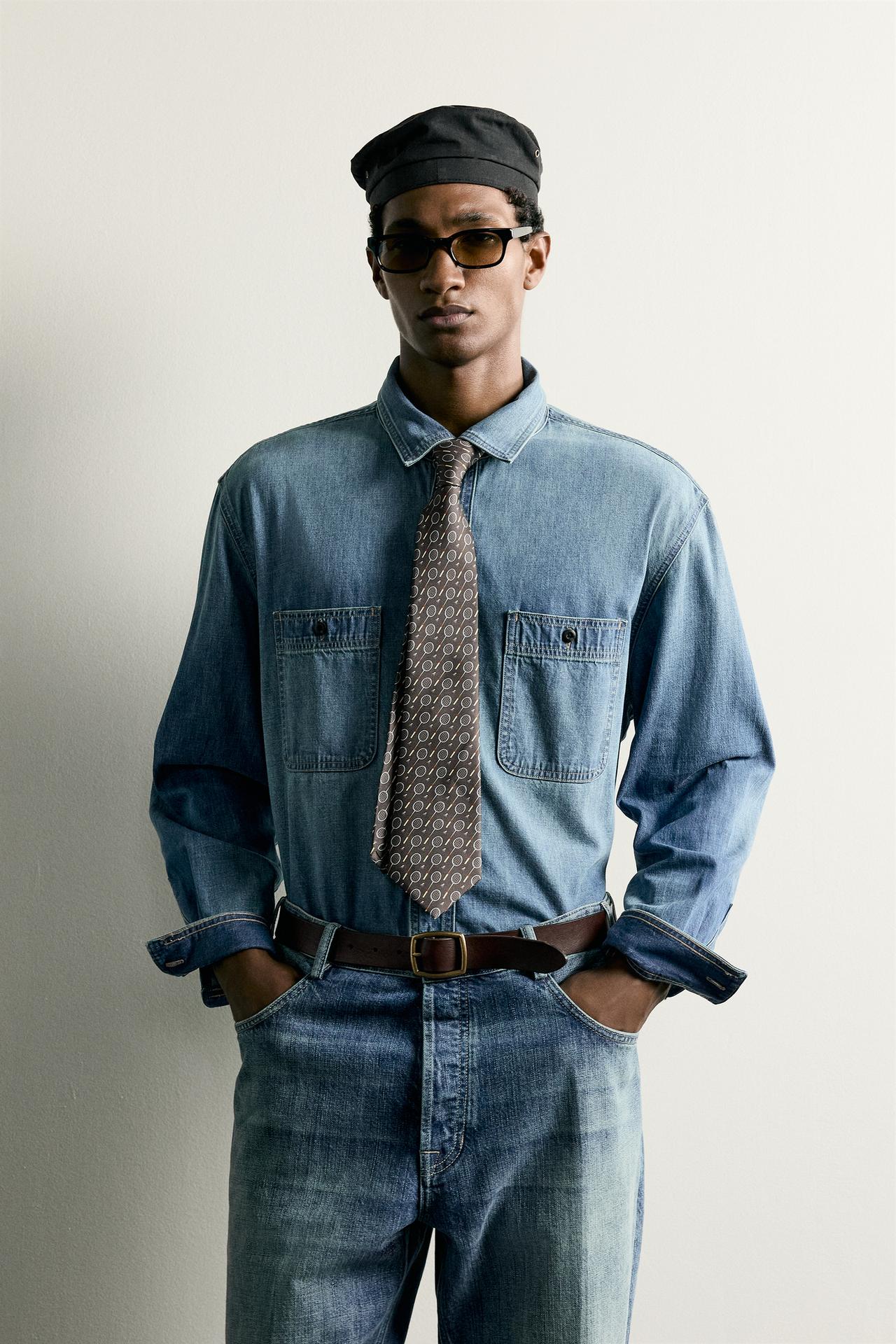 WASHED LIGHTWEIGHT DENIM SHIRT — Mid-blue