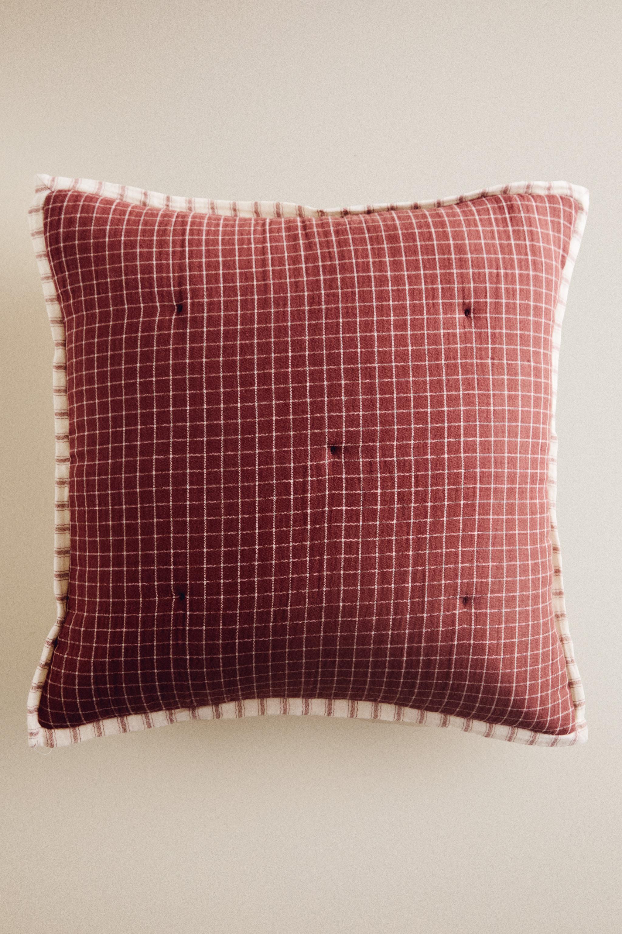 KIDS' STRIPED AND CHECK THROW PILLOW COVER — Brown