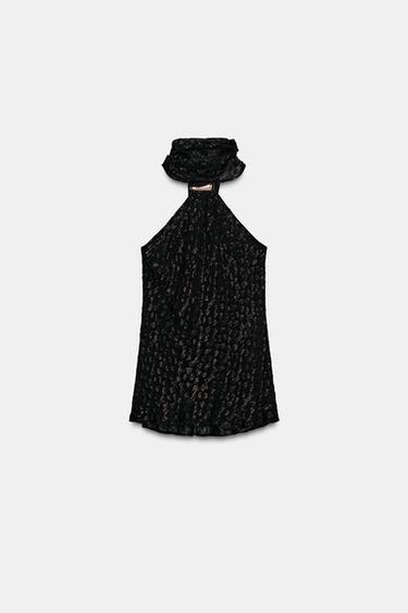 Zara METALLIC THREAD TRIM HALTER TOP - Black gold - Image 0