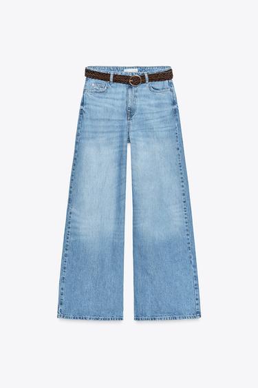 Zara Z1975 HIGH-WAISTED WIDE LEG FULL LENGTH JEANS WITH BELT - Mid-blue