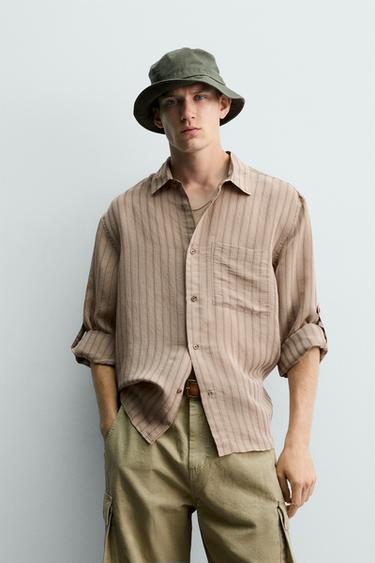 STRIPED SHIRT WITH SLEEVE TABS - Beige-pink by Zara