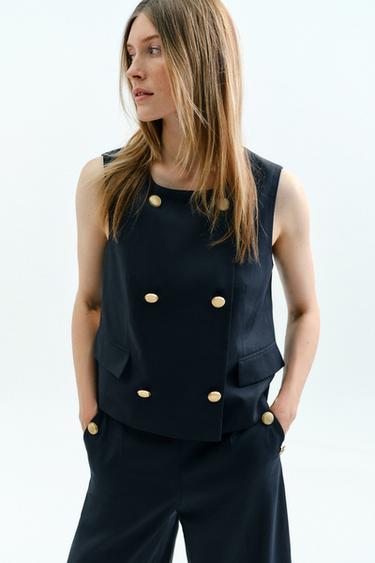 Zara DOUBLE-BREASTED TAB VEST - Navy blue