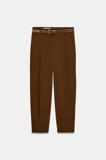 CROPPED TROUSERS WITH DARTS AND BELT - Brown by Zara