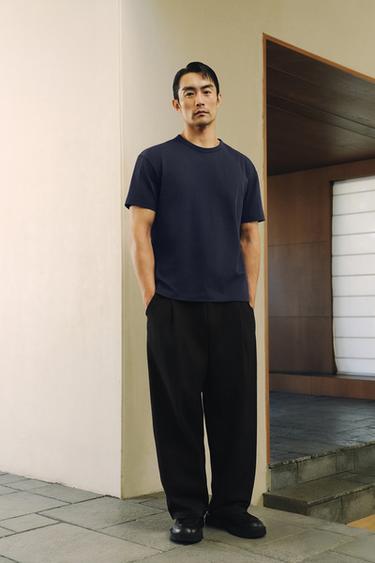 Zara 重磅羅紋邊飾T恤 - 海藍色