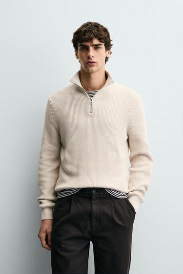 PULL EN MAILLE PERLÉE À COL ZIPPÉ - Écru de Zara