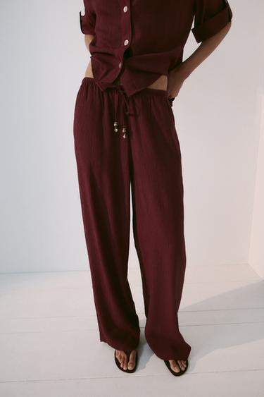 Zara BEADED TEXTURED TIE-WAIST TROUSERS - Burgundy