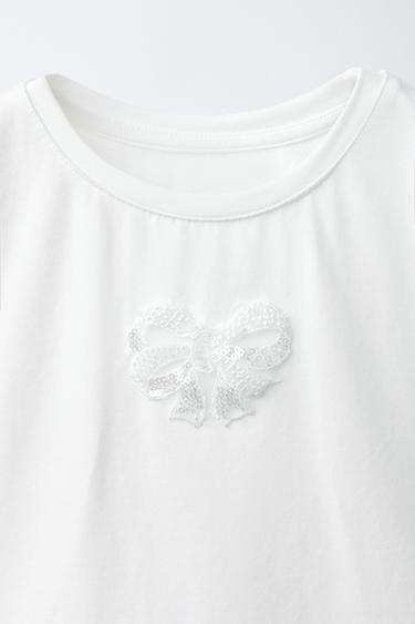 T-SHIRT WITH BEADED BOW - White by Zara - Image 2