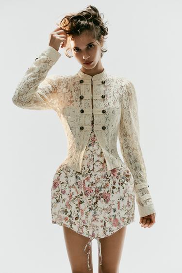 Zara LACE FROG FASTENING JACKET - Ecru