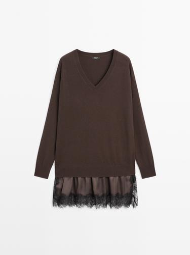 Zara Short knit dress with contrast lace - Chocolate