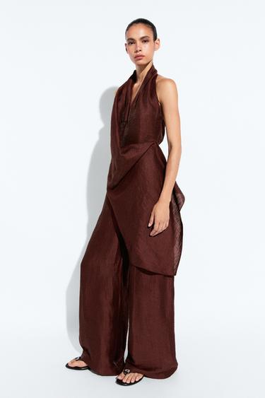 Zara Flowing draped halter neck jumpsuit - white