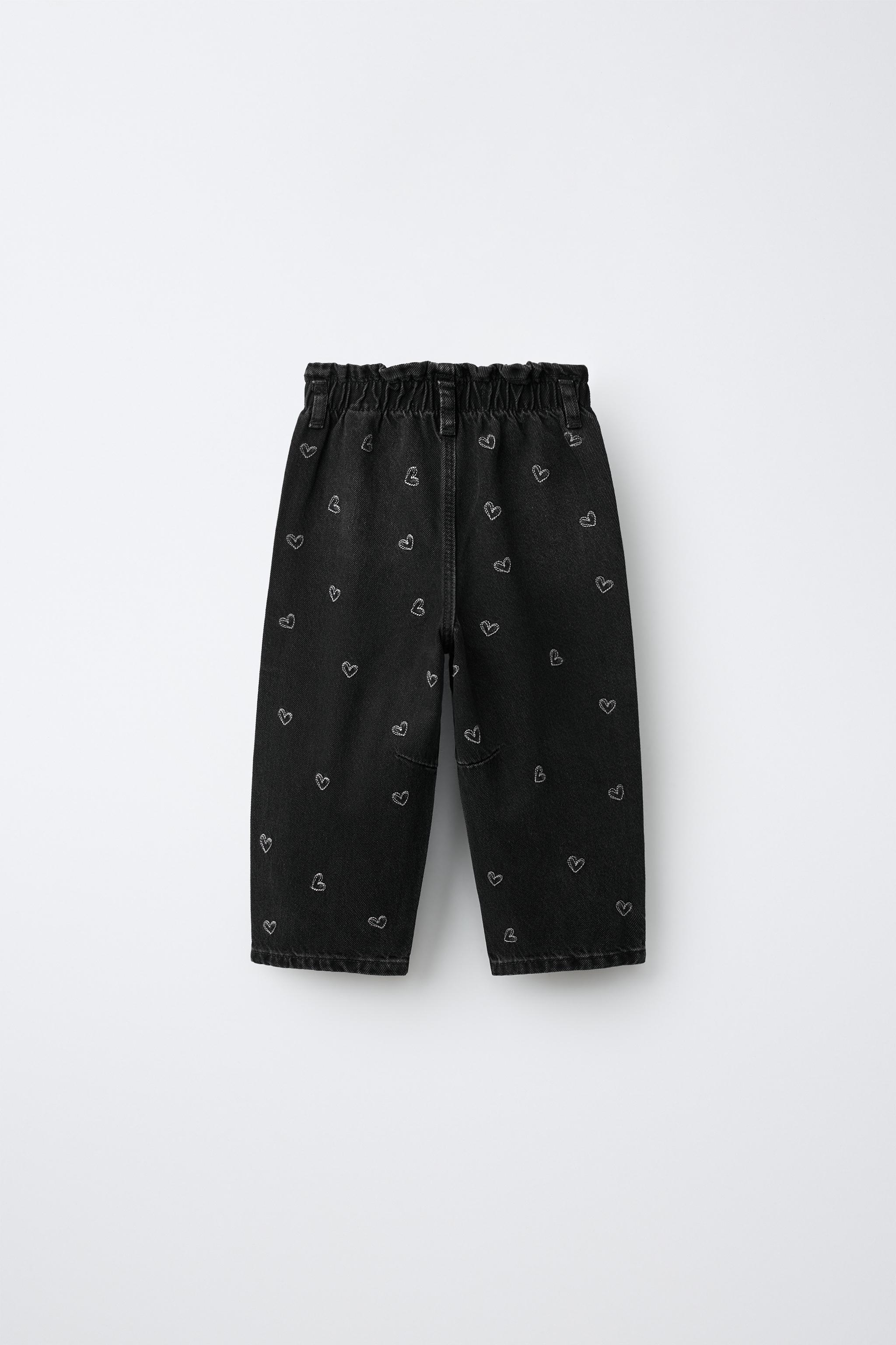 EMBROIDERED HEART BAGGY PAPERBAG JEANS - Black | ZARA United States