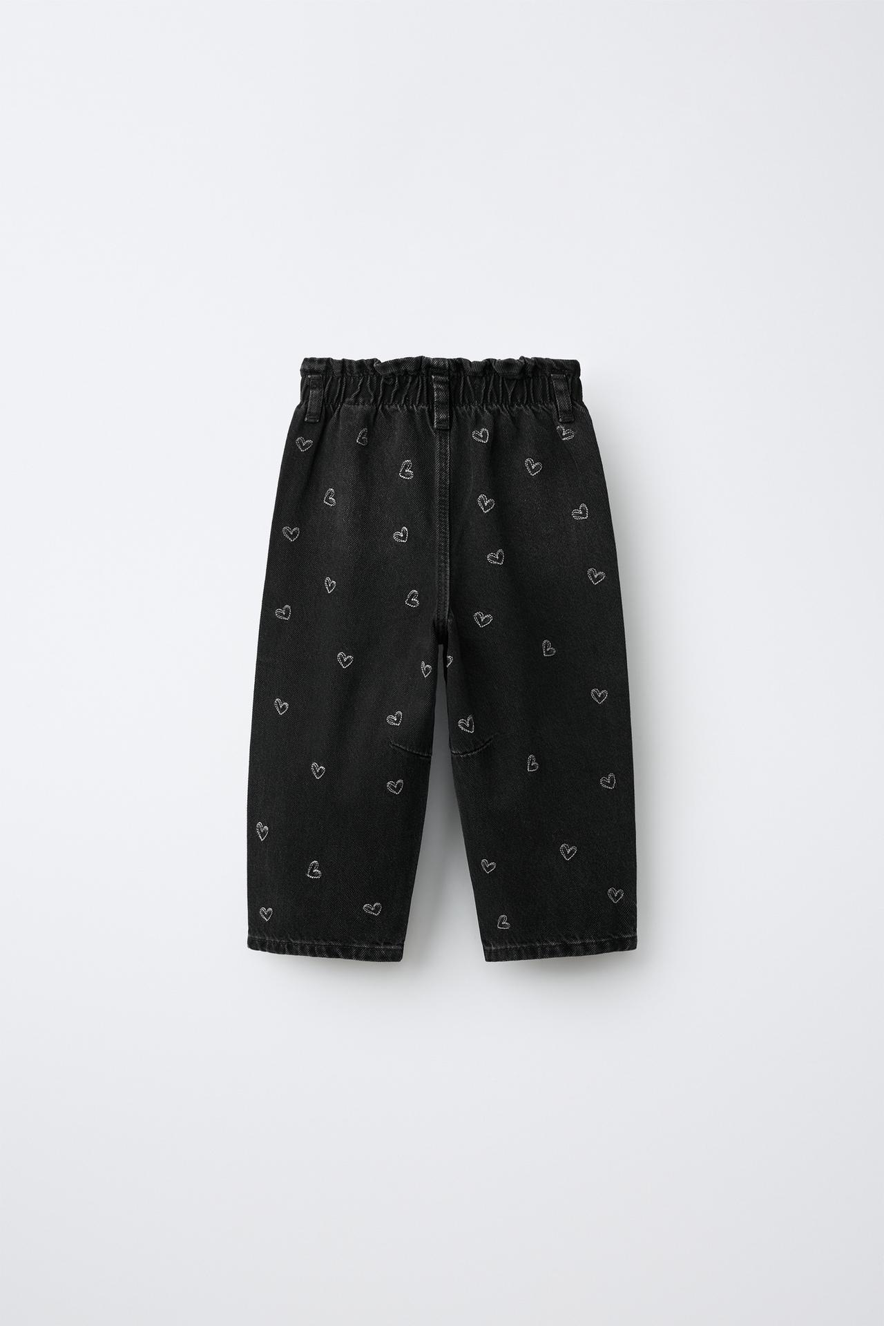 EMBROIDERED HEART BAGGY PAPERBAG JEANS — Black