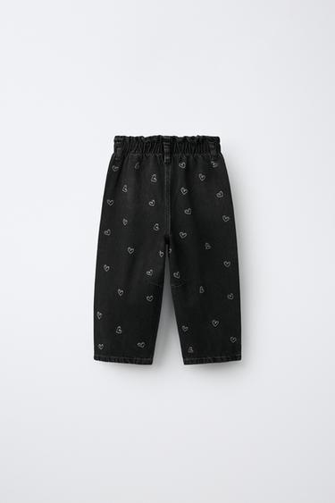 EMBROIDERED HEART BAGGY PAPERBAG JEANS — Black 2