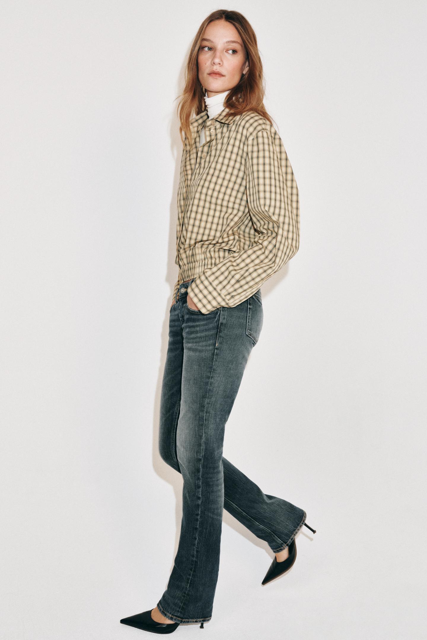 Женская рубашка Zara ZW Collection Puff-Sleeve Check, цвет: Экрю / Чёрный — фото 5