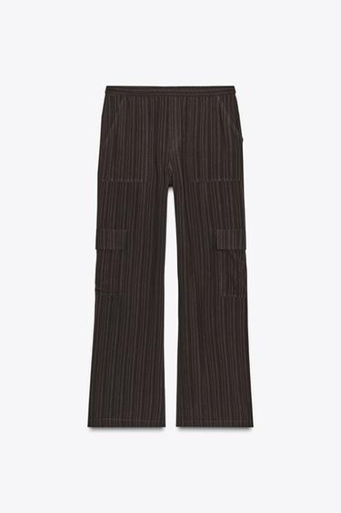 Zara STRIPED FLOWY CARGO PANTS - Dark brown