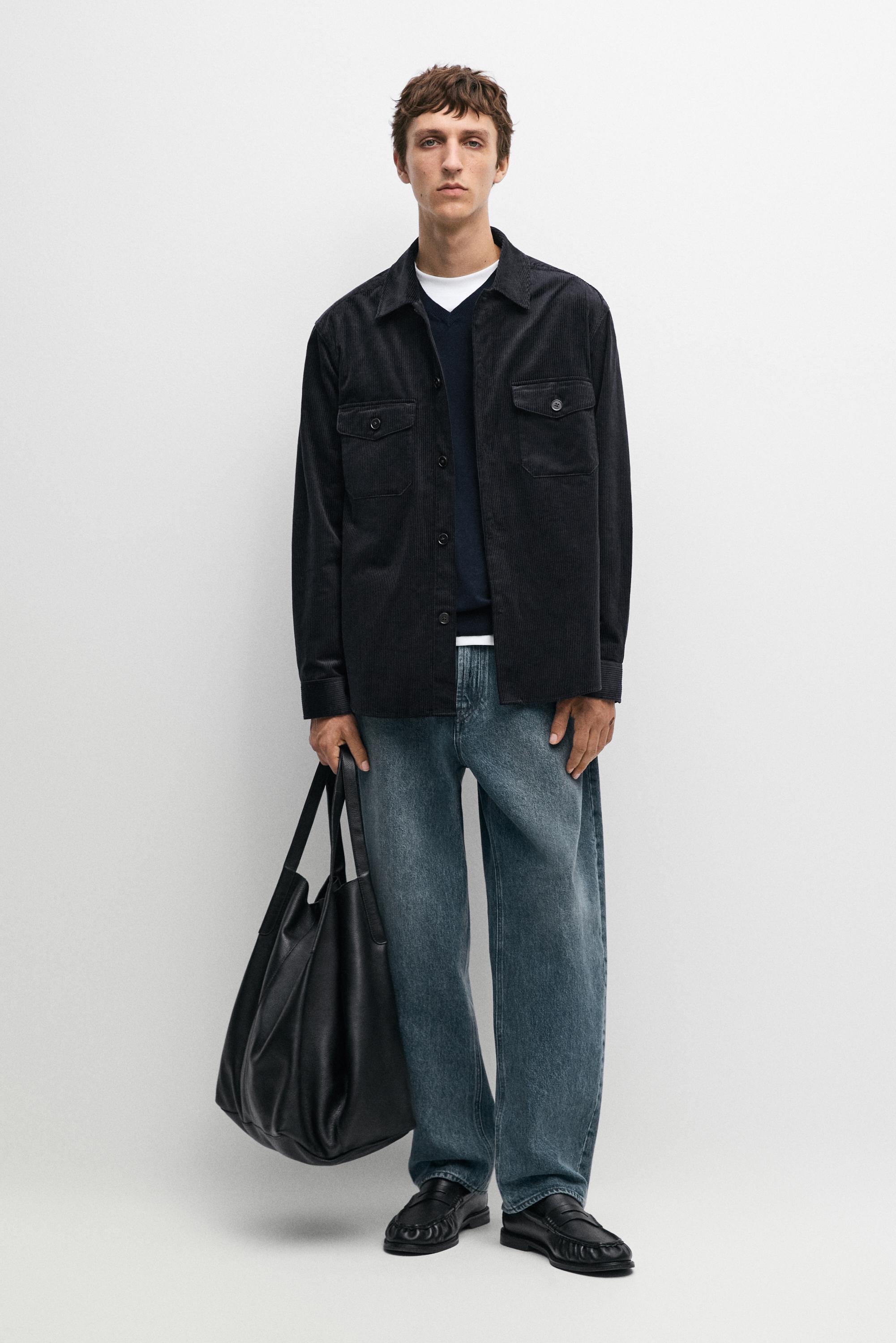 Corduroy overshirt with suede pocket detail - Navy blue | ZARA