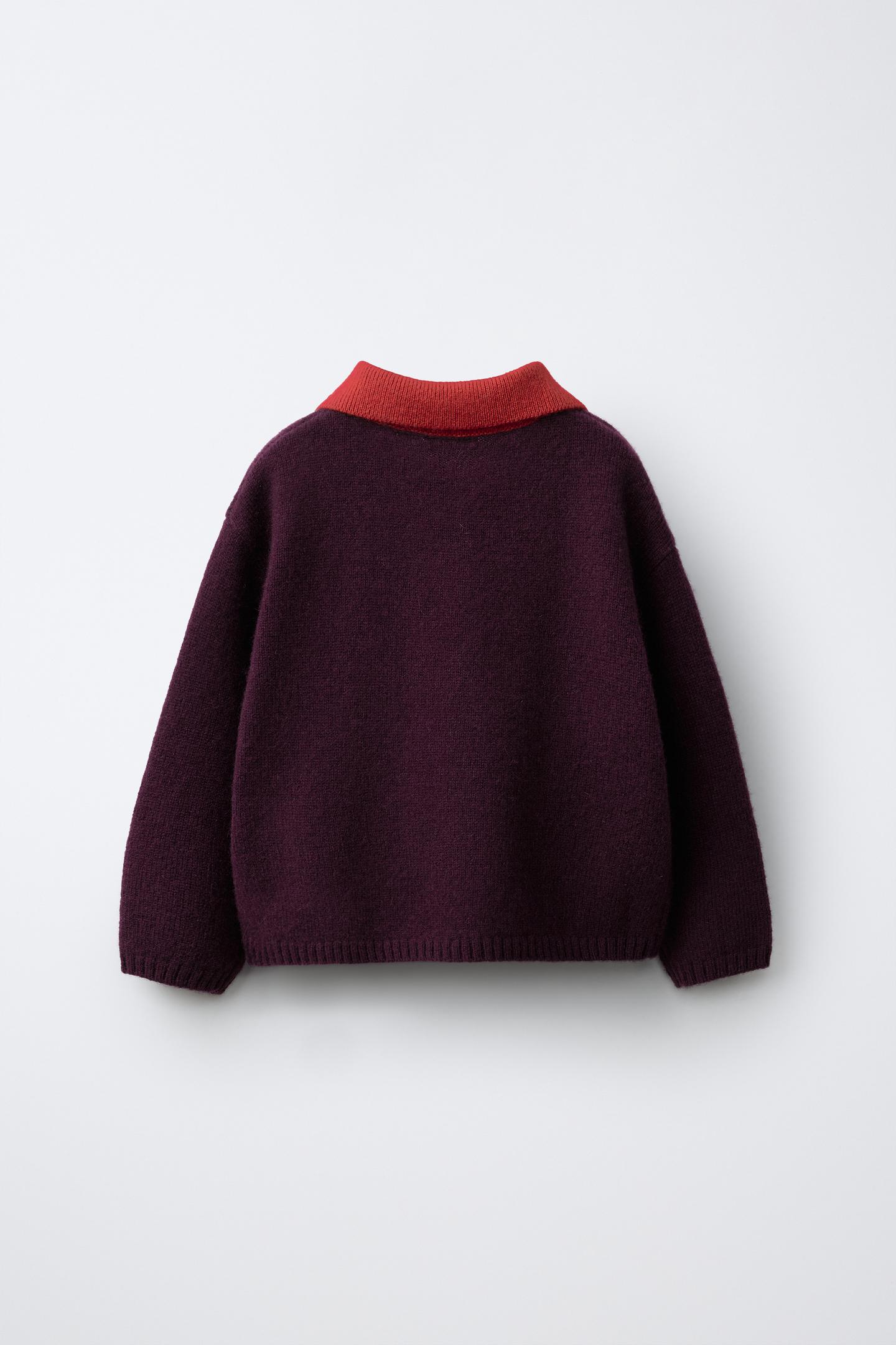 Детское поло Zara 100% Wool Colorblock Knit Polo, цвет: Баклажановый — фото 3