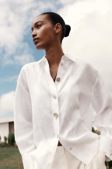 CAMISA BOTONES COMBINADOS 100% LINO - Blanco de Zara