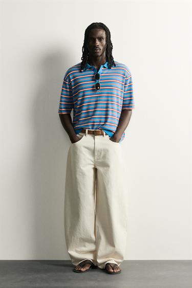 Zara STRIPED JACQUARD KNIT POLO - Light blue