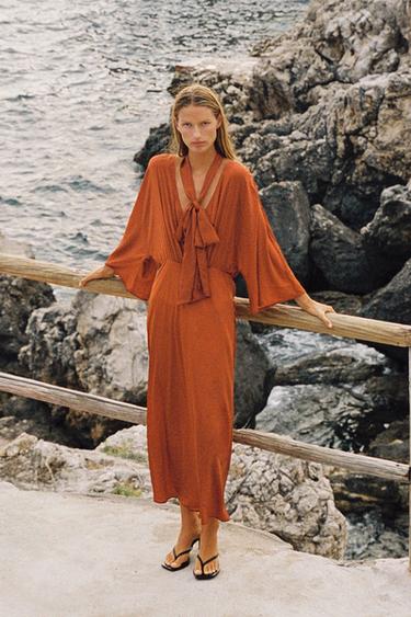 SATIN SCARF-EFFECT MIDI DRESS — Orange 1