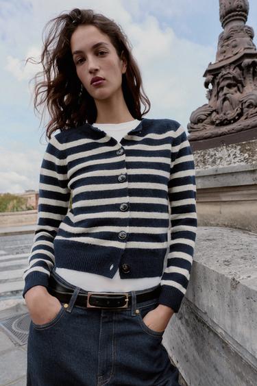 GILET EN MAILLE RAYÉ - Écru / Bleu de Zara - Image 1