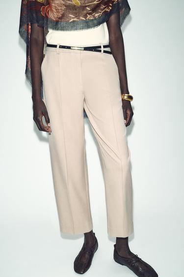Zara STRAIGHT LEG BELTED PANTS - Beige