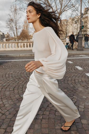 Zara KNIT TOP WITH VOLUME SLEEVES - Mid-ecru