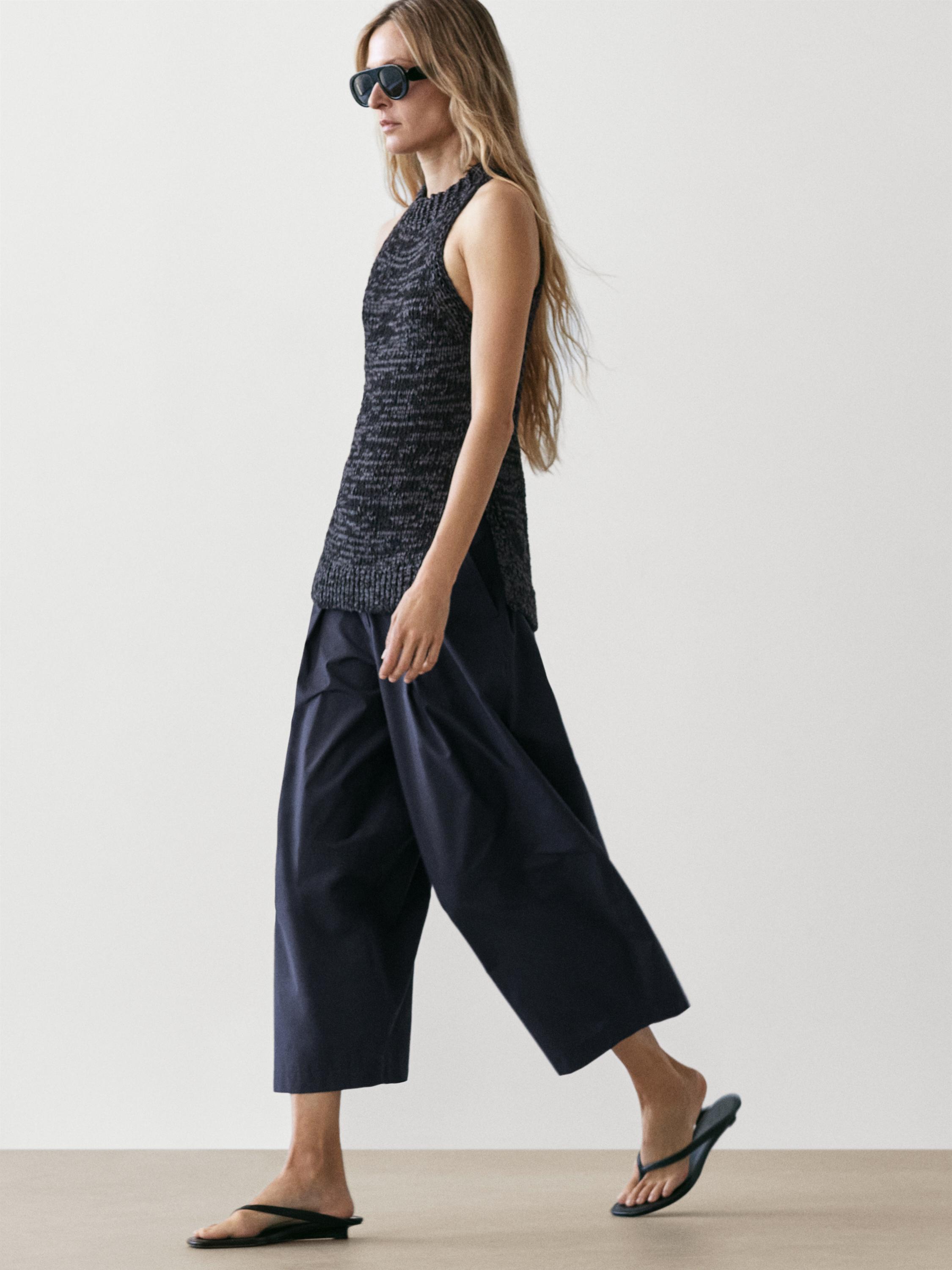 Cotton blend wide-leg trousers