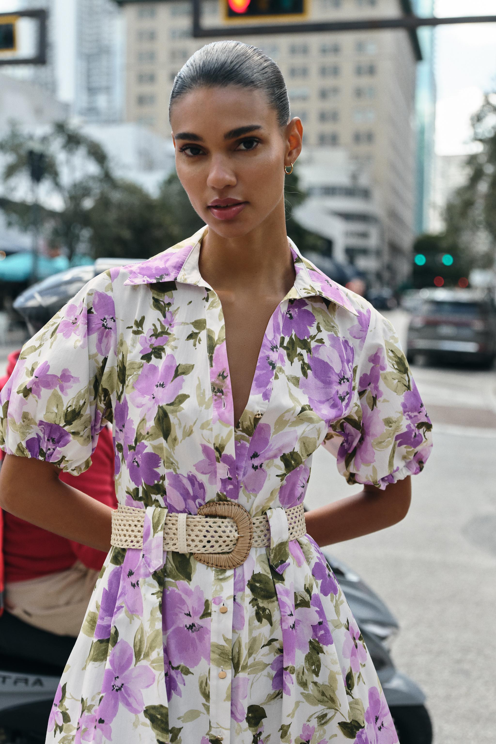 FLORAL PRINT BELTED MIDI DRESS