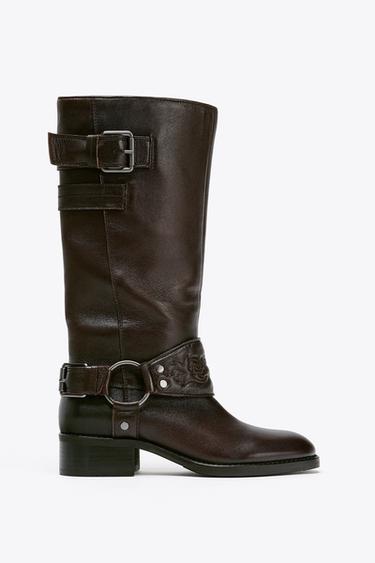LEATHER FLAT EMBROIDERED BOOTS - Brown by Zara - Image 0