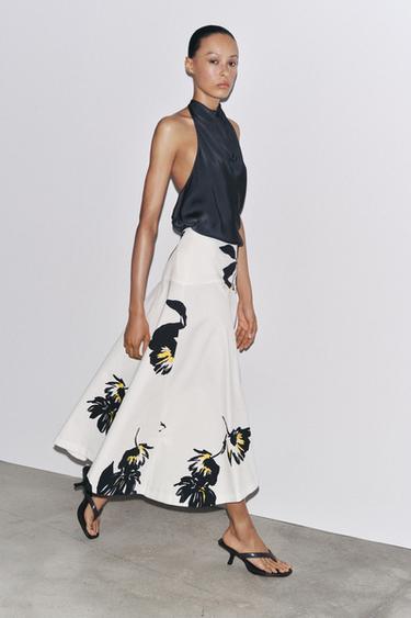 Zara ZW COLLECTION PRINTED MIDI SKIRT - Black / White