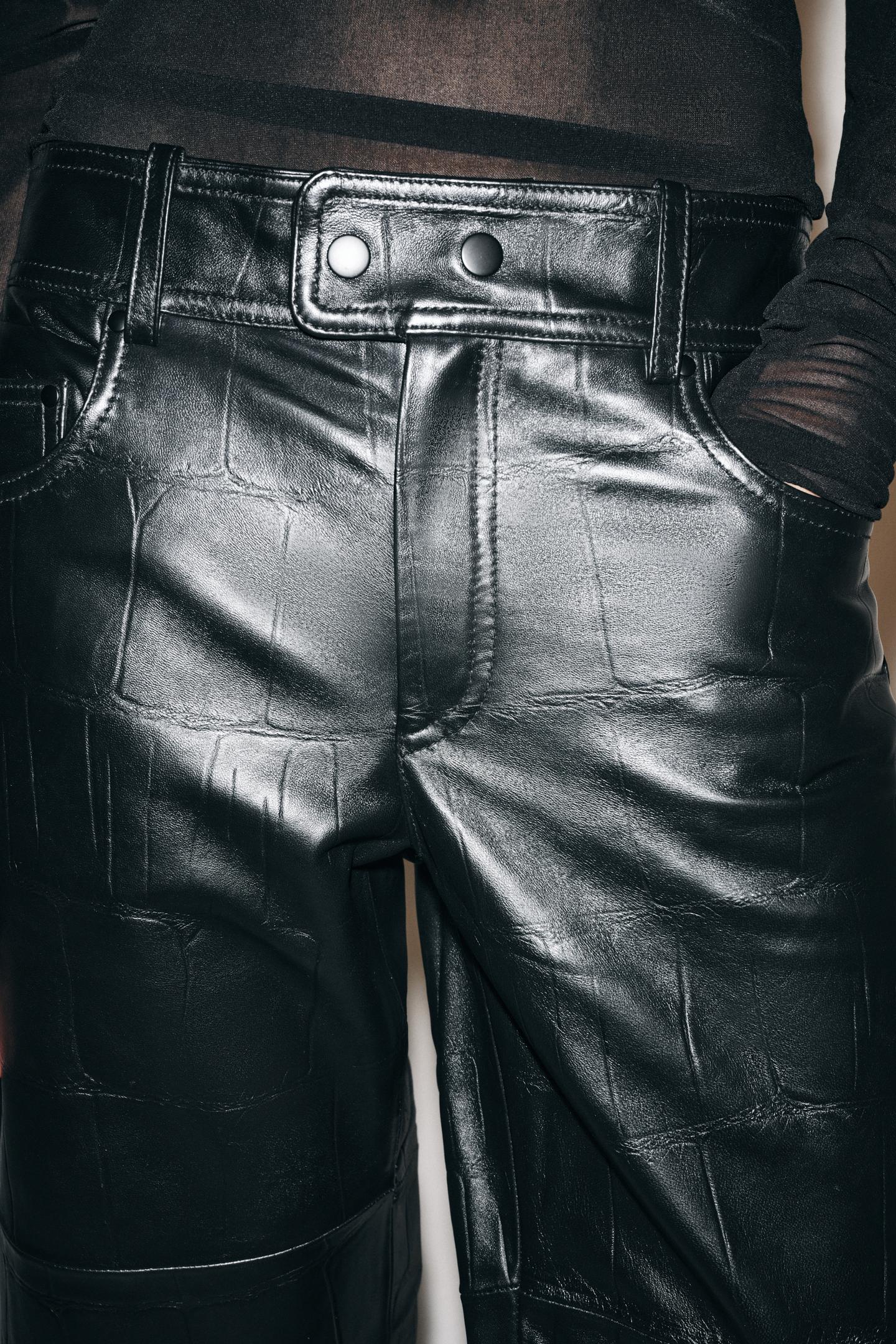 Женские брюки Zara 100% Leather Straight Pants ZW Collection, цвет: Чёрный — фото 4