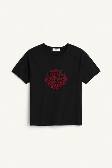 Zara CORAL EMBROIDERED RELAXED FIT T-SHIRT - Black