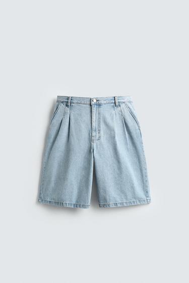 PLEATED RELAXED FIT DENIM BERMUDA SHORTS - Light blue by Zara