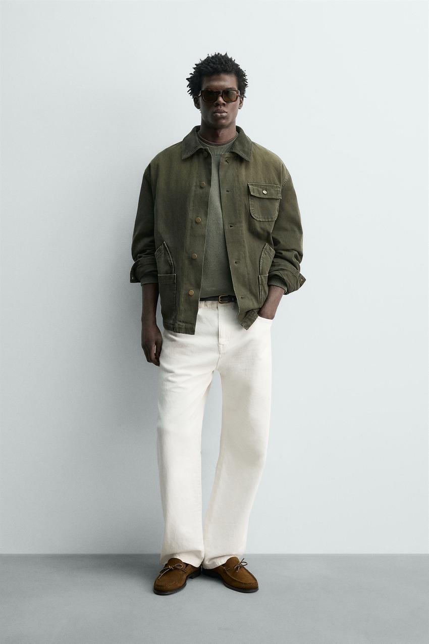 Zara - Washed Combination Collar Jacket - Dark Bottle Green - Xl - Man Zara - Washed Combination Collar Jacket - Dark Bottle Green - Xl - Man