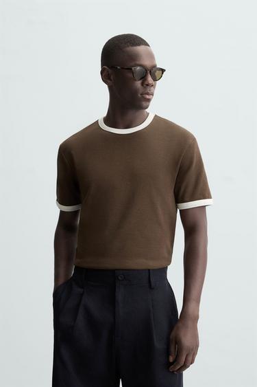 BASIC CONTRAST RIB T-SHIRT - Brown / Ecru by Zara