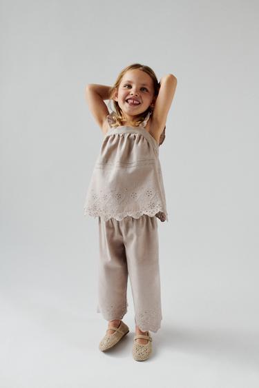 Zara EMBROIDERED COTTON LINEN TOP - Stone