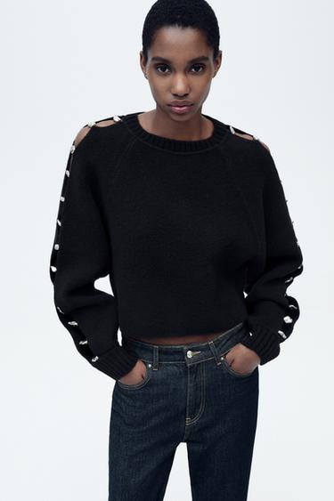 PULL À MANCHES AVEC BOULES - Noir de Zara