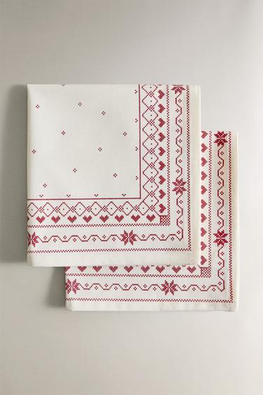 Zaras FLERPACK BOMULLSSERVETTER MED BRODERADE JULMOTIV (2-PACK) - Röd/vit - Bild 0