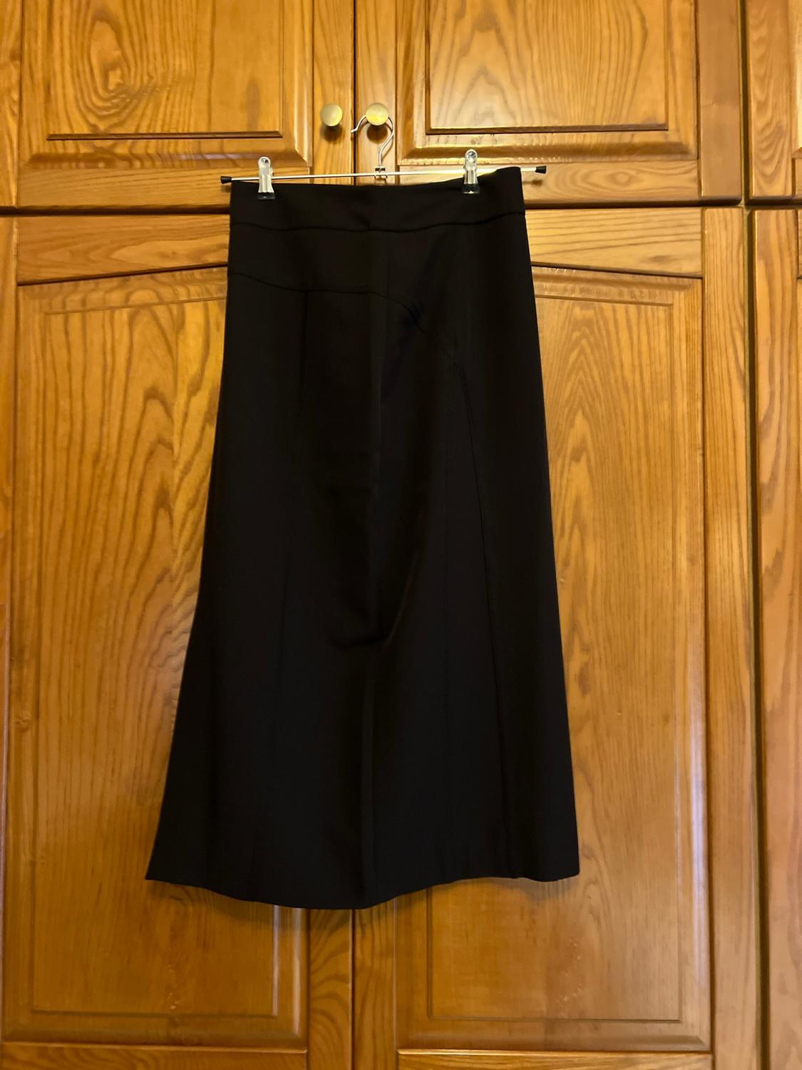 Black skirt hanging on a metal hanger on the doors of a wooden wardrobe. Relaxed style in a homely setting.