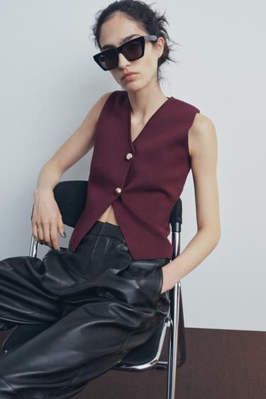 Zara SMOOTH KNIT VEST TOP - Burgundy