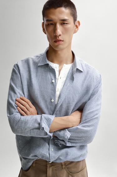 Zara 100% linen regular fit gingham shirt - Navy blue