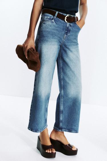Z1975 HIGH-WAIST BELTED CULOTTES JEANS - Mid-blue by Zara
