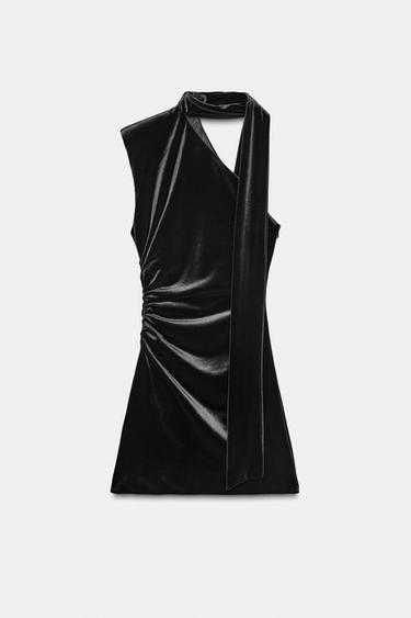 Zara 絲巾飾邊短版天鵝絨洋裝 - 黑色