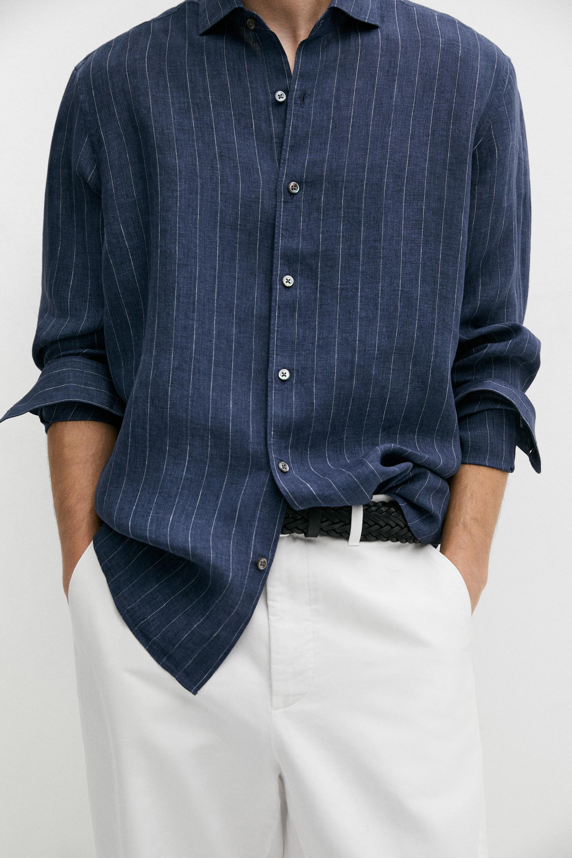 Chemise regular fit à rayures délavées 100 % lin