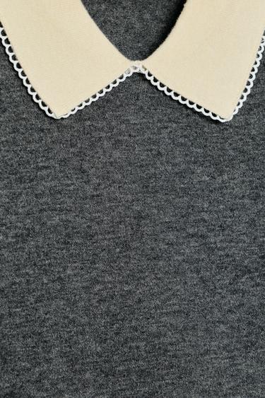 HAUT POLO À MANCHES COURTES AVEC DENTELLE - Gris chiné de Zara - Image 6
